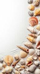A detailed, close-up view of various types of seashells scattered naturally in an appealing, repetitive design on soft, light-colored sand, brown, fragile, background