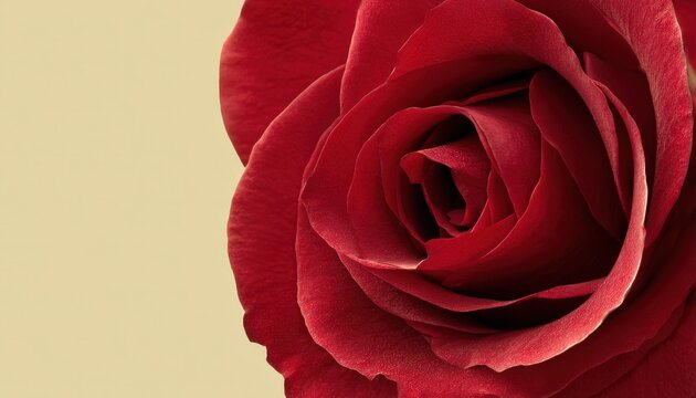 Rich crimson floral bloom occupies right side against subtle cream background