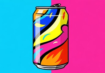 Bold graphic illustration of a vibrant soda drink can rendered in classic retro Pop Art style with thick outlines and flat colors, flat, modern, illustration