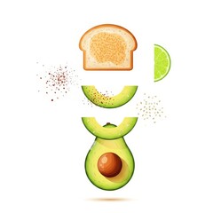 Clean, geometric vector flat lay of deconstructed avocado toast ingredients: bread, sliced avocado, seasonings, and lime, top, lunch, modern