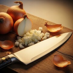 Close-up of sharp chef&rsquo;s knife on a rustic wooden cutting board surrounded by fresh whole and chopped yellow onions, onion, chopped, diet