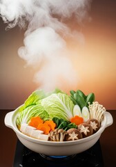 Delicious simmering shabu-shabu hot pot filled with fresh vegetables, mushrooms, and savory broth creating billowing steam, wholesome, fresh, dining