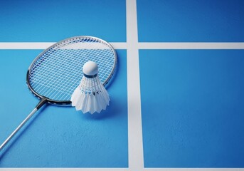 Essential badminton gear, including a white feathered shuttlecock and a racket, resting on a synthetic court surface ready for competitive play, leisure, sport, equipment