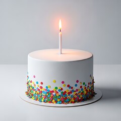 Festive white birthday cake with vibrant confetti sprinkled around it. A single, bright flame glows atop the centered candle, annual, holiday, white