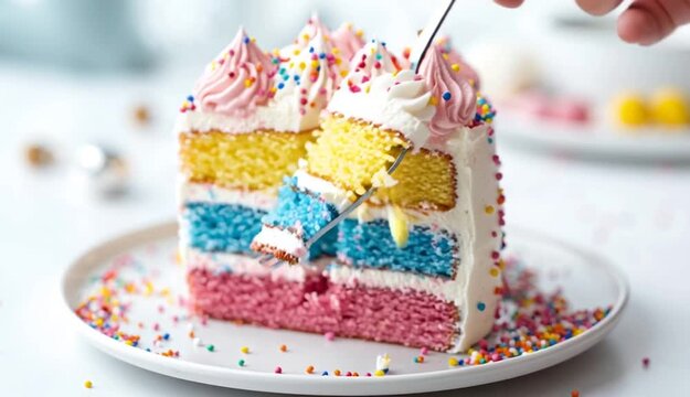Rainbow layer cake slice with visible cross-section showing four colored layers yellow blue pink and red, white vanilla frosting between layers
