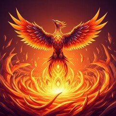 Majestic stylized phoenix bird rising dramatically from intensely vibrant geometric orange flames, symbolizing powerful cyclical rebirth and renewal energy, vibrant, stylized, modern