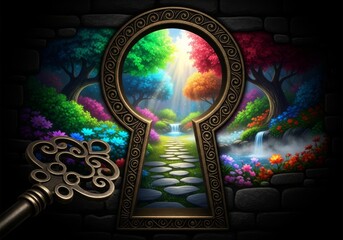 Mysterious antique keyhole view revealing a magical sunlit secret garden hidden beyond the dark stone wall background, portal, peaceful, hope
