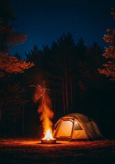Night landscape view of a glowing campfire beside a large dome tent set up in a forest clearing under the dark evening sky, peaceful, getaway, fire