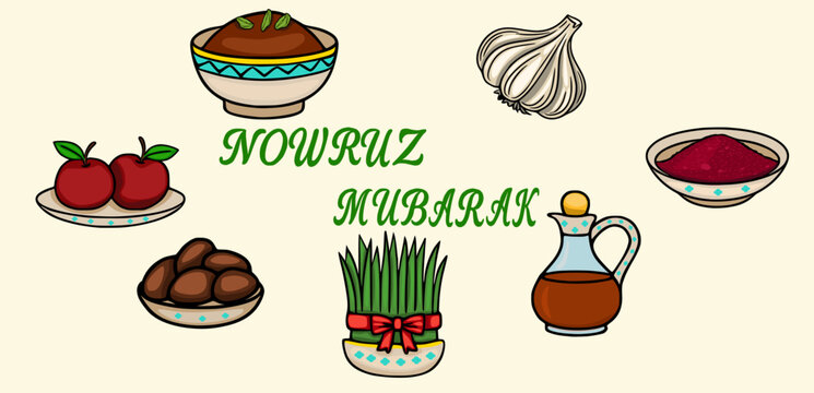 Nowruz Mubarak vector banner with traditional Haft-Seen elements and festive greeting