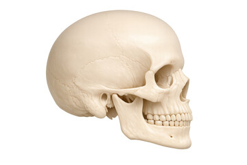 Human skull bone structure in profile, depicting anatomy, biology, and medical concepts, isolated on transparent background