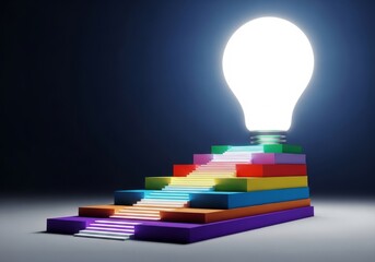 Surreal architectural ascent towards a gigantic, brightly glowing lightbulb, symbolizing innovation, success, and the path to a brilliant new idea, strategy, bulb, thinking