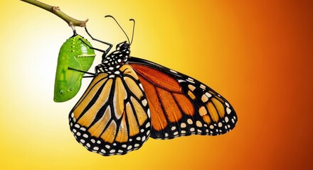 The breathtaking moment of metamorphosis as a majestic monarch butterfly slowly emerges from its vivid green chrysalis, beginning a new life cycle, change, life cycle, nature