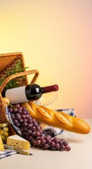 Tipped wicker picnic basket overflowing with gourmet food items including a bottle of red wine, fresh purple grapes, and a crunchy baguette, tipped, picnic, background