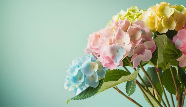 Bouquet of pastel hydrangea on right side of frame, pink blue green and yellow hydrangea, romantic flower arrangement, positioned against soft light green background
