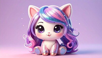 Adorable Kawaii Cat with Pastel Galaxy Hair Illustration.