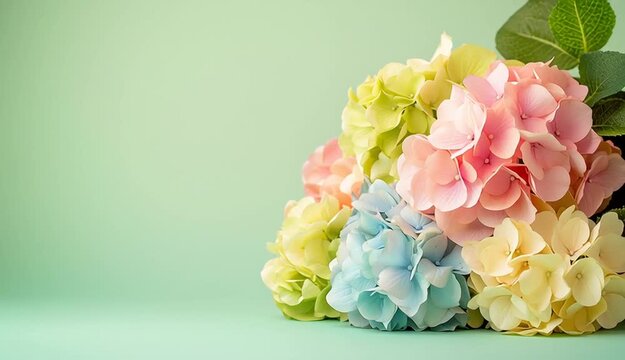 Bouquet of pastel hydrangea on right side of frame, pink blue green and yellow hydrangea, romantic flower arrangement, positioned against soft light green background