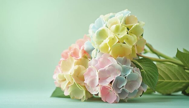 Bouquet of pastel hydrangea on right side of frame, pink blue green and yellow hydrangea, romantic flower arrangement, positioned against soft light green background