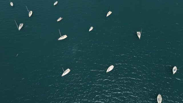 Aerial view of leisure boats anchored in lake Potrerillos in Mendoza, Argentina