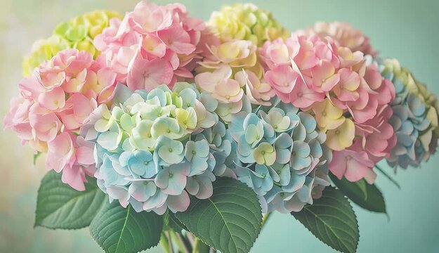 Bouquet of pastel hydrangea on right side of frame, pink blue green and yellow hydrangea, romantic flower arrangement, positioned against soft light green background