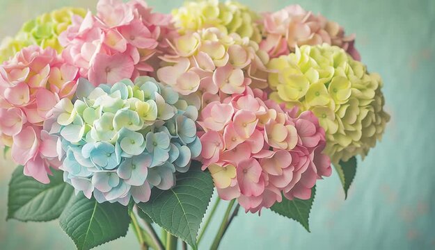 Bouquet of pastel hydrangea on right side of frame, pink blue green and yellow hydrangea, romantic flower arrangement, positioned against soft light green background
