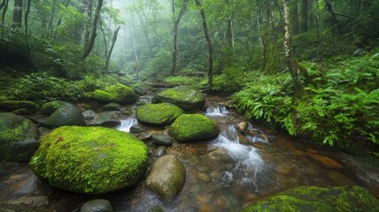 Obraz premium A Lush Summer Rainforest With Waterfalls Cascading Over Mossy Boulders and Greenery