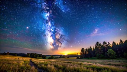 Fototapeta premium Vast Milky Way Galaxy Over a Serene Rural Landscape at Dusk.