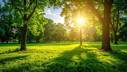 Fototapeta premium Sunlight Streaming Through Lush Green Trees in a Serene Park.