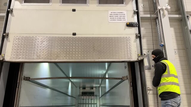 Warehouse worker in hi-vis vest closing sectional loading dock door number 10 after operations