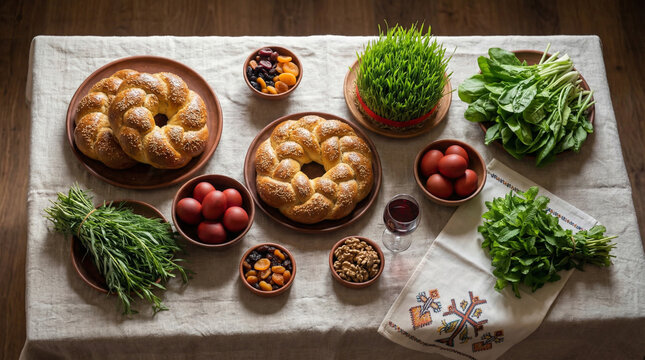 Armenian Easter Zatik feast flat lay: Holiday composition with tarragon, red wine, choreg bread and sprouted wheat