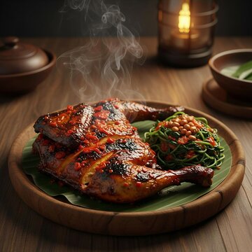 Indonesian Grilled Chicken Ayam Bakar with Spicy Plecing Vegetables. Generative AI 
