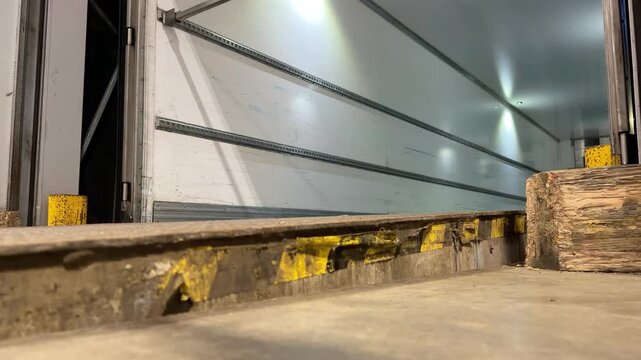 Ground level view of a hydraulic dock leveler rising to bridge the gap between warehouse floor and truck trailer
