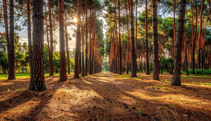 Obraz premium Sunlight filtering through a dense pine forest, casting long shadows on the needle-covered ground.