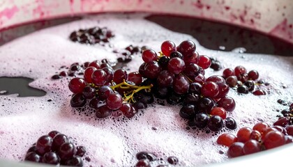 Freshly harvested grapes undergoing fermentation in a vat.