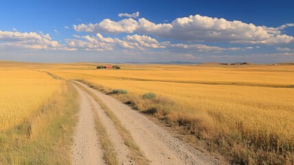 Fototapeta premium A Narrow Dirt Path Winding Through A Vast Golden Field Under A Bright Blue Sky