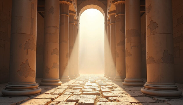 Ancient colonnade hallway illuminated by bright light, creating setting for biblical story. Majestic stone pillars and luminous sunbeams on spiritual path, evoking ancient tale.