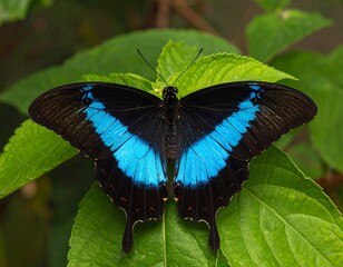 Vibrant Ulysses Butterfly Resting on Lush Green Leaves.