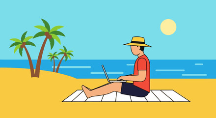 Fototapeta premium Man Relaxing on Beach with Laptop