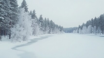 A Quiet Frozen River in Winter Surrounded by Snow-Covered Trees and Pine Forest