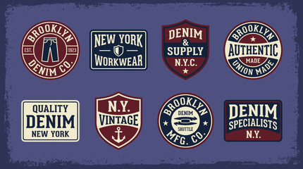 Vintage Denim and Workwear Badges Collection. Retro apparel logos featuring Brooklyn and New York typography emblems for clothing brand design.