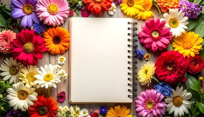 Colorful Floral Frame with Blank Notebook for Creative Writing.