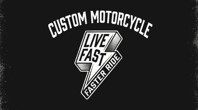 Retro Custom Motorcycle Emblem: Lightning Bolt, "Live Fast Faster Ride." Vintage Biker, Speed, and Grunge T-Shirt Graphic Vector.