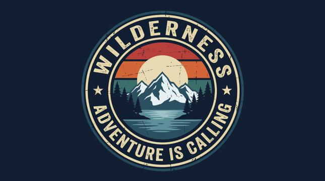 Retro Wilderness Adventure Is Calling Emblem. Vintage hiking badge design featuring mountain peaks, forest trees, and sunset stripes over a tranquil lake.