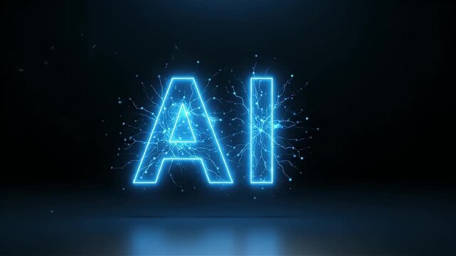 Dynamic neon showcase of an ai generative video abstract AI logo illuminating a dark futuristic studio, captured from a low-angle perspective, emphasizing bright blue circuitry and reflective surface