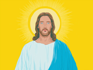 Jesus Christ: white Jesus, blue robes, yellow background, halo