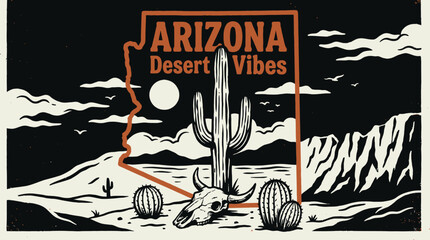 Retro Arizona Desert Vibes Illustration. Vintage grunge design with Saguaro cactus, state map outline, and Southwest bull skull graphic for apparel.