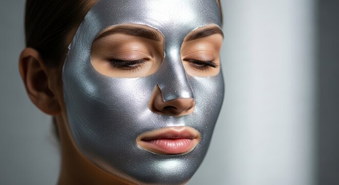 Woman with silver face mask, eyes closed, against blurred background