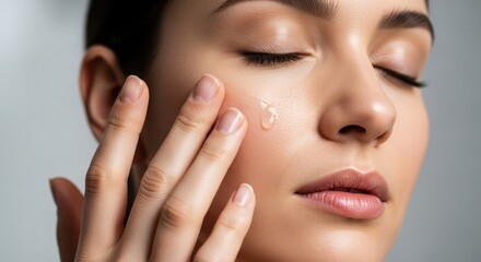 Woman with eyes closed applying clear gel to cheek. Close-up, soft lighting