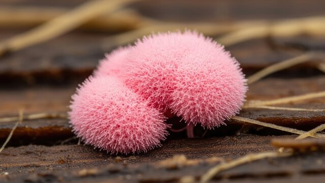 Close-up of vibrant pink slime mold growing on weathered wooden surface