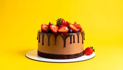 Delicious Chocolate Cake with Strawberries on Yellow Background.