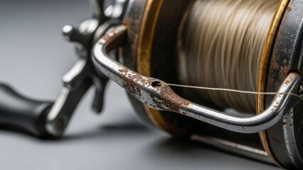 Obraz premium Close-up of a weathered, metal fishing reel, showing rust and coiled line